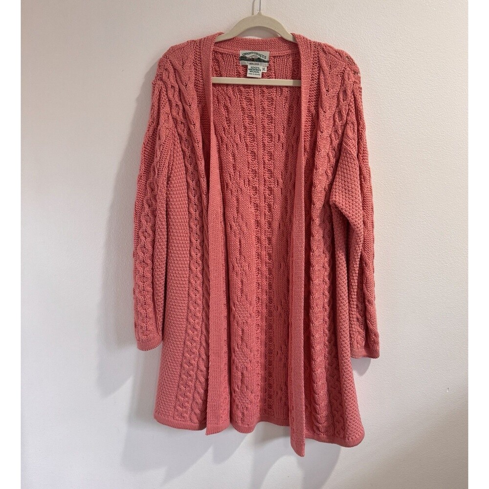 Aran Crafts Ireland Sweater Cardigan XL Pink 100% Merino Wool Chunky Knit